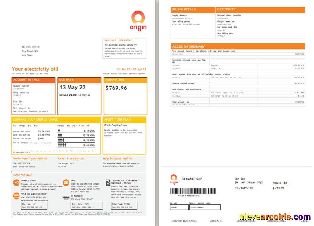 Origin utility bill, 4 pages